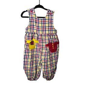 Vintage Plaid Overall Jumper 12 Months Cotton Handmade 80s 90s Colorful Red Blue